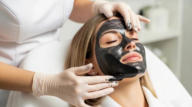 Cosmetologist applying a black charcoal mask to a woman's face. Professional facial treatment in a beauty salon. Skincare and spa procedure - Powered by Adobe