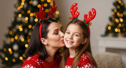 Festive mother kisses smiling daughter wearing reindeer antlers near christmas tree.