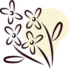 Abstract Floral Illustration Simple Dark Outline Flowers on Pale Yellow Shape with Transparent Background and Brown Stems
