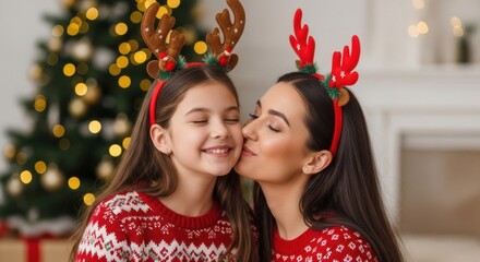 Happy mother kisses daughter wearing reindeer antlers near christmas tree at home.