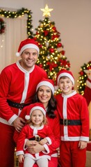 Happy family in santa claus costumes celebrating christmas at home near the tree.