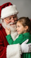 Santa claus embraces a smiling little girl in green dress. Holiday joy and family.