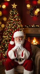 Santa claus in his armchair near the fireplace and christmas tree, holiday concept.