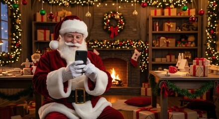 Santa claus using a smartphone in his workshop with christmas decorations around him.