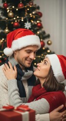 Loving couple in santa hats embracing near christmas tree, celebrating holiday season.
