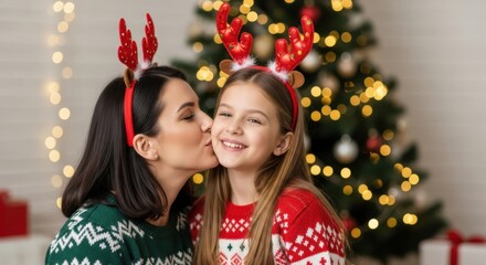 Woman kisses daughter on cheek wearing reindeer antlers and christmas sweaters.