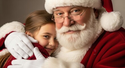Santa claus hugs a smiling girl wearing a red sweater, christmas holiday concept.