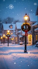 Obraz premium Festive street lamp with a Christmas wreath and falling snow. Winter night scene with cozy houses for Christmas and New Year holiday.