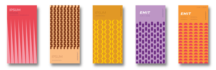 A vibrant collection of five modern poster designs featuring bold typography and geometric patterns. Each poster showcases a unique color scheme and layout, perfect for events, exhibitions