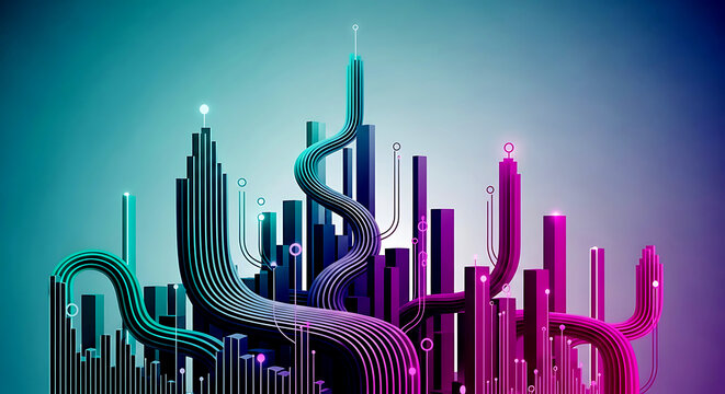 Digital illustration of a futuristic city with neon graphs and data lines representing finance, energy, and smart technology.