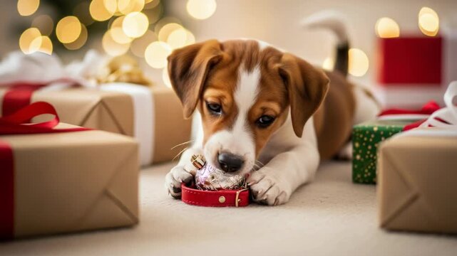 A cute puppy chewing on a Christmas gift. Adorable Jack Russell dog playing with presents under a festive tree. Holiday celebration with a pet concept