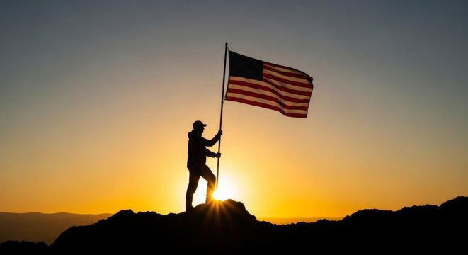 Silhouette of a person raising the flag atop a hill, symbolizing courage and perseverance.