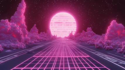 Retro digital landscape with glowing neon grid road - Powered by Adobe