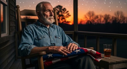 Elderly man sits quietly with folded flag, reflecting on service, sacrifice, and peace.