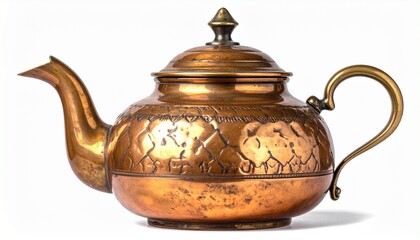 Polished copper teapot with ornate brass handle and decorative lid on white background showcasing vintage kitchenware and artisanal craftsmanship