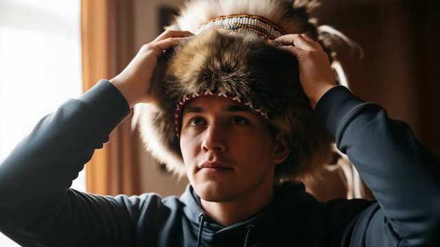 Young Indigenous man adjusting a traditional headdress. Portrait of cultural heritage and identity