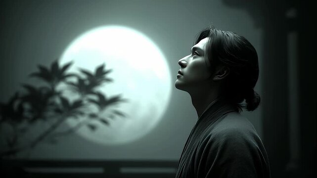 Oriental artistic conception of a Tang style man meditating under the moon
