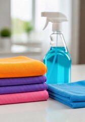 towels and soap, Colorful Microfiber Cleaning Cloths and Blue Spray Bottle for Home Cleaning
