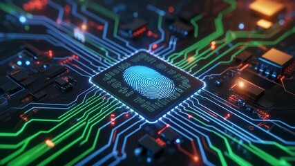 Digital fingerprint integrated into a central processor chip, symbolizing advanced cybersecurity and personal identity verification in technology - Powered by Adobe