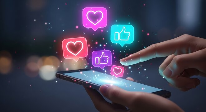 Engage and connect instantly, capturing hearts and likes with vibrant social media notifications lighting up a smartphone screen, creating viral buzz and online popularity.