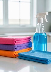towels and soap, Colorful Microfiber Cleaning Cloths and Blue Spray Bottle for Home Cleaning