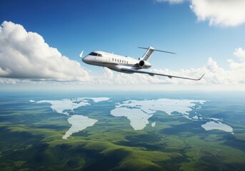 Obraz premium A private jet flying over a stylized world map superimposed on a lush green landscape under a cloudy blue sky, representing global travel and connectivity