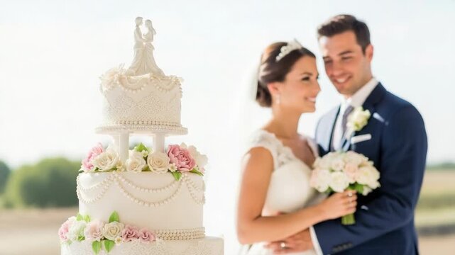 An elegant wedding cake in focus with a romantic bride and groom blurred in the background. A happy newlywed couple celebrating their marriage. Wedding day concept