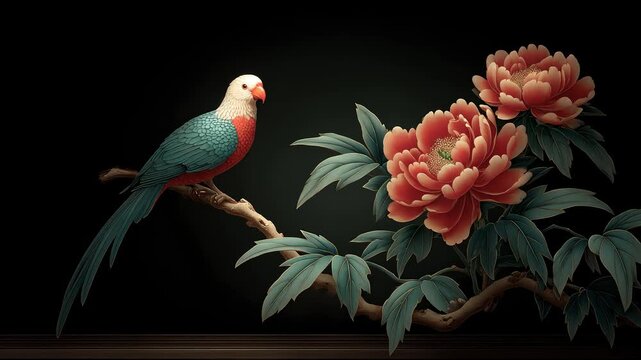Parrot and Peony Painting with Tang Dynasty Aesthetics