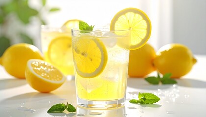 Fototapeta premium Two Glasses of Lemonade with Lemon Slices and Mint Leaves on Bright White Surface with Sunlight