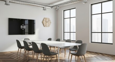 Sleek Modern Meeting Room Design with Large Screen and Wood Flooring