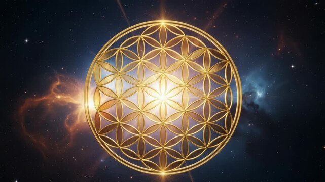 A glowing golden Flower of Life symbol in deep space. Vertical animation of a sacred geometry pattern against a cosmic nebula. Spiritual and esoteric meditation concept