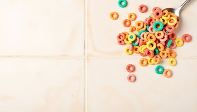 Spilled multicolored cereal rings on tiled surface with spoon - Powered by Adobe