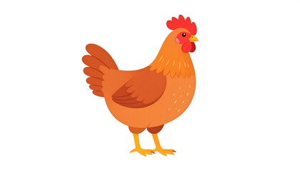 Fototapeta premium A cartoon-style illustration of a chicken in profile, featuring brown and orange plumage. It stands on two legs against a white background