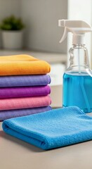 towels and soap, Colorful Microfiber Cleaning Cloths and Blue Spray Bottle for Home Cleaning