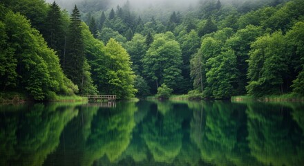 Misty Forest Lake Reflecting Lush Green Trees and a Wooden Pier