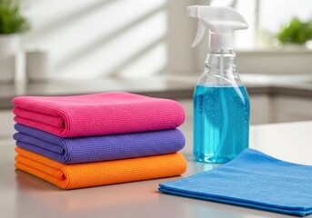 towels and soap, Colorful Microfiber Cleaning Cloths and Blue Spray Bottle for Home Cleaning