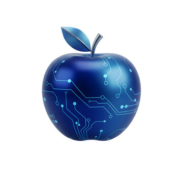 3D Rendered Blue Apple with Circuit Board Pattern on Transparent Background