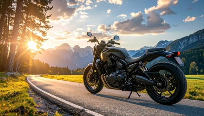 Sleek black motorcycle parked on winding road with sunset-lit mountains and lush greenery in scenic landscape