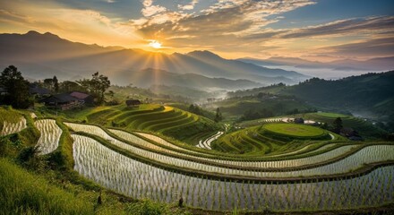 Sunbeams Illuminating Water filled Rice Terraces at Dawn in Asia