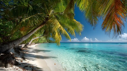 Escape to paradise with a stunning tropical beach scene featuring crystal clear turquoise waters, swaying palm trees, and pristine white sand under a vibrant blue sky
