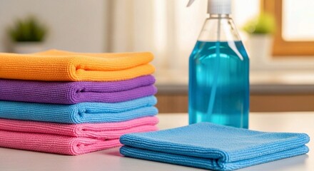 towels and soap, Colorful Microfiber Cleaning Cloths and Blue Spray Bottle for Home Cleaning