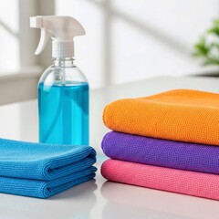 towels and soap, Colorful Microfiber Cleaning Cloths and Blue Spray Bottle for Home Cleaning