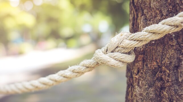 Rope Knot Tied to Tree Trunk, Natural Jute Fiber, in a Blurred Green Park Background, Close-up View, Copy Space