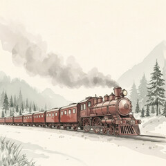 Fototapeta premium Illustration of red vintage steam train traveling through snowy winter landscape with pine trees. Christmas holiday and New Year journey concept.