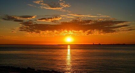 Vibrant Orange Sunset over Calm Ocean with Shimmering Water Reflection