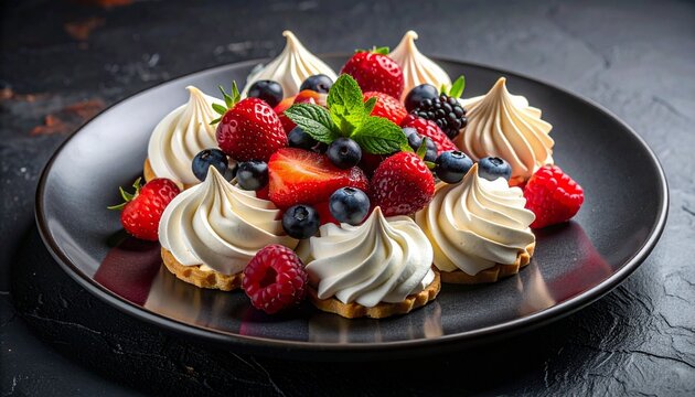 Elegant individual desserts with creamy swirls, vibrant fresh berries, and a touch of mint, perfect for a delightful treat