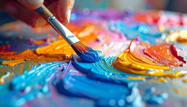 Close-Up of Painter’s Palette with Vibrant Paint Colors and Brushes in Action - Powered by Adobe