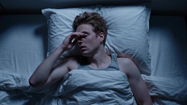 A restless young man in bed suffering from insomnia. Anxious person tossing and turning at night, unable to sleep. Stress, nightmare and mental health concept