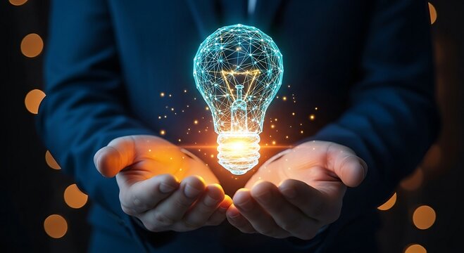 Businessman holding a glowing light bulb, symbolizing innovation and bright ideas in a dark setting.
