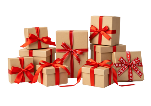 Celebrate the Season with Beautifully Wrapped Presents - Stack of Festive Gifts Tied with Bright Red Ribbons - Perfect for Holiday Greetings, Special Occasions, and Heartfelt Giving Moments